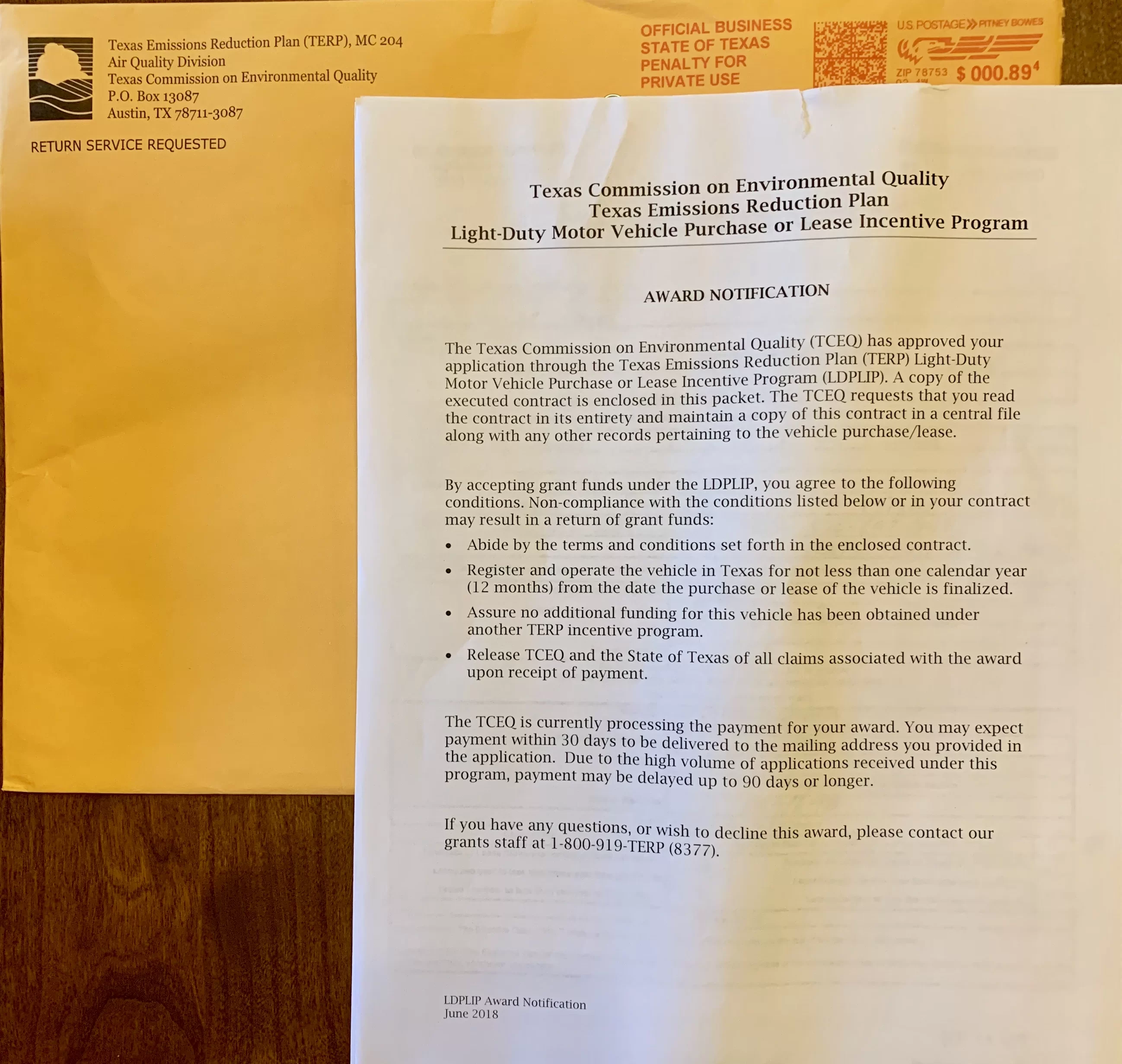 Texas Rebate Award Notification